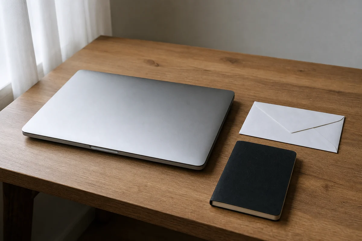 Lasciate tutto com'è Una scrivania tranquilla con un vecchio computer portatile, note di carta e un piccolo dispositivo hardware, lasciata com'è