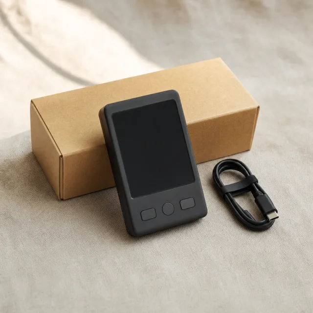 Un wallet hardware accanto alla sua scatola e al cavo USB su una superficie di lino