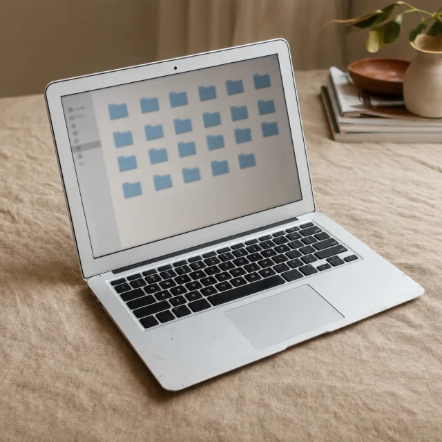 Un laptop vecchio con scocca in alluminio usurata su una superficie di lino