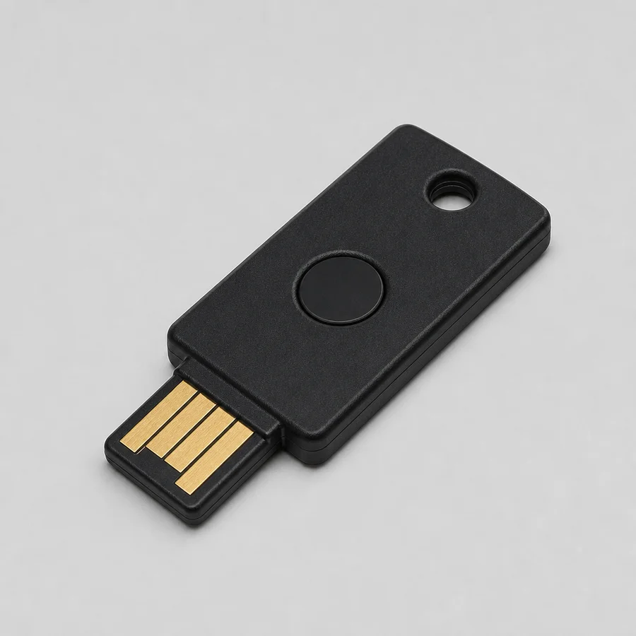Chiave di sicurezza hardware Una chiave di sicurezza hardware (una piccola chiave USB con un pulsante), un comune secondo fattore